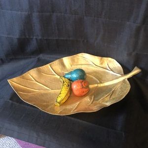 Brass detailed leaf tray,  solid brass X large 2’ long. Small pedestal balls VTG